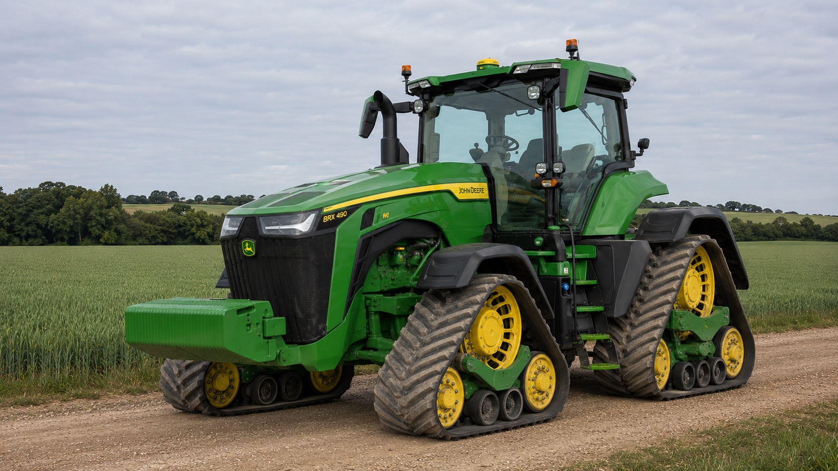 Tracteur John Deere 8RX 490 présenté dans un environnement agricole