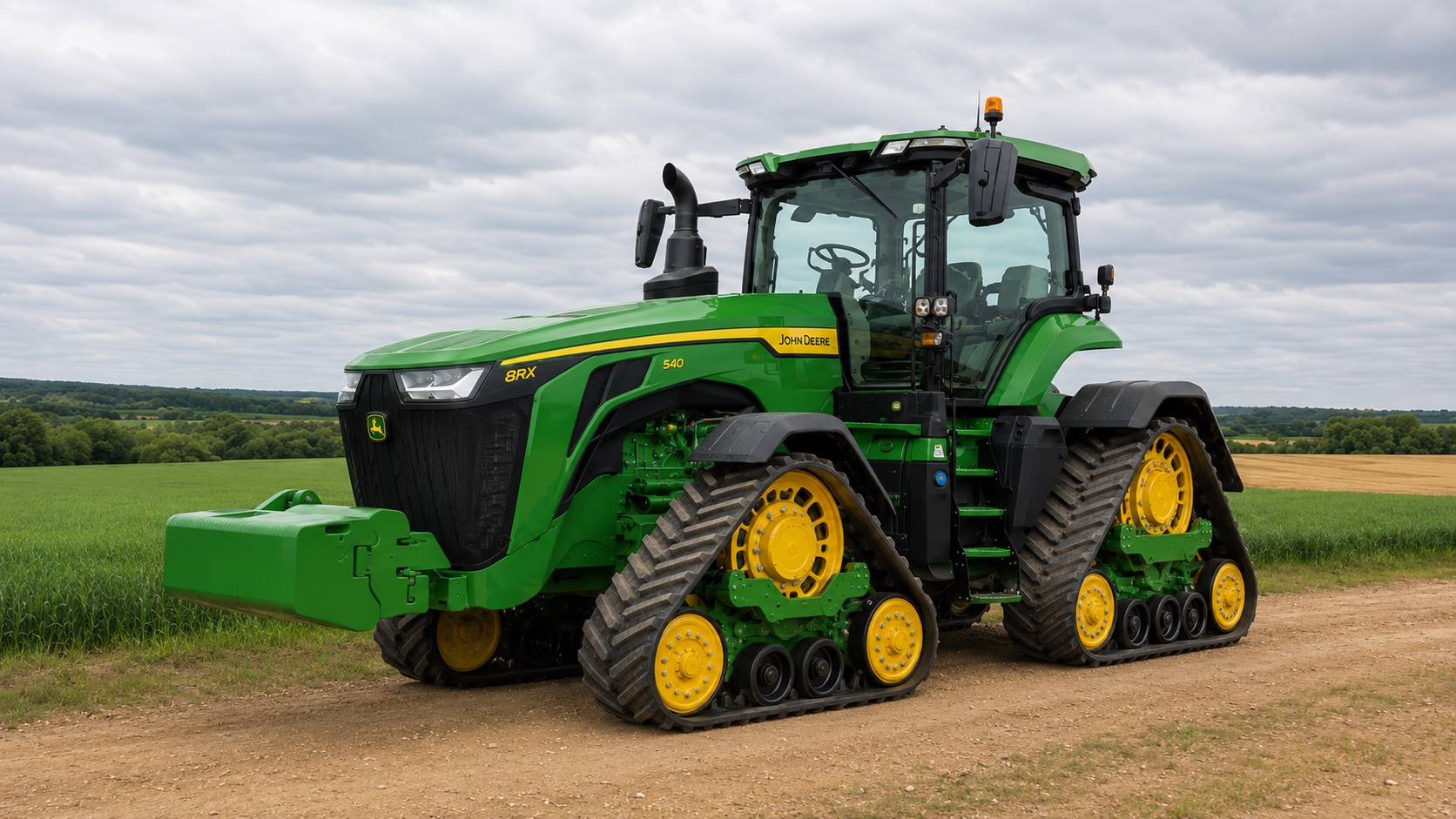 Tracteur John Deere 8RX 540 présenté dans un environnement agricole