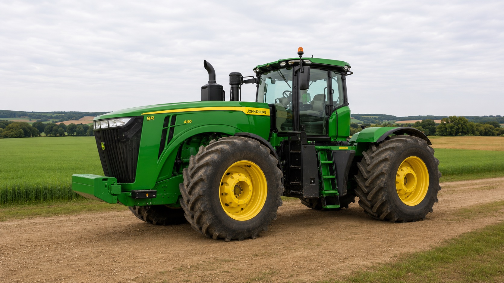 Tracteur John Deere 9R 440 présenté dans un environnement agricole
