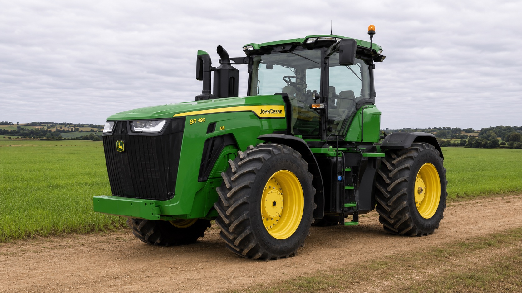 Tracteur John Deere 9R 490 présenté dans un environnement agricole