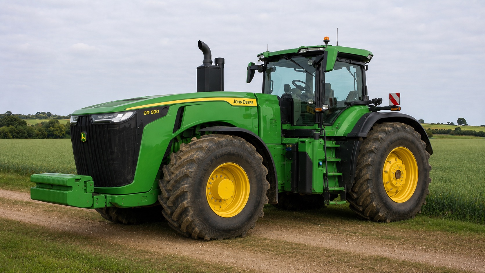 Tracteur John Deere 9R 590 présenté dans un environnement agricole