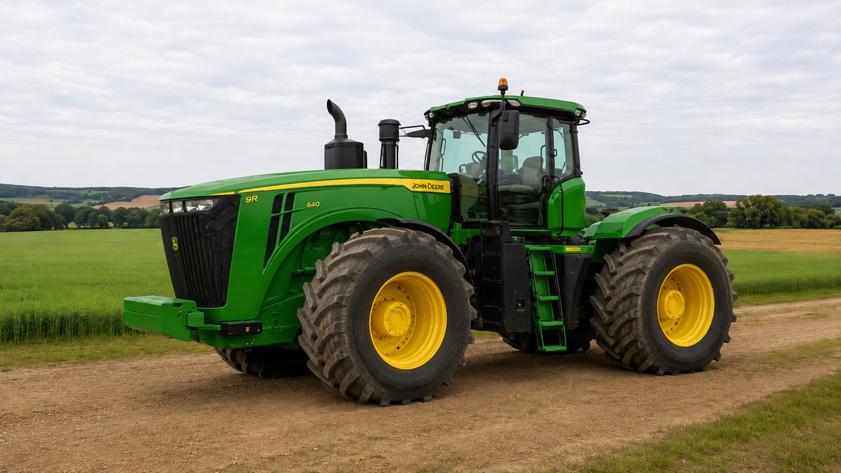 Tracteur John Deere 9R 640 présenté dans un environnement agricole