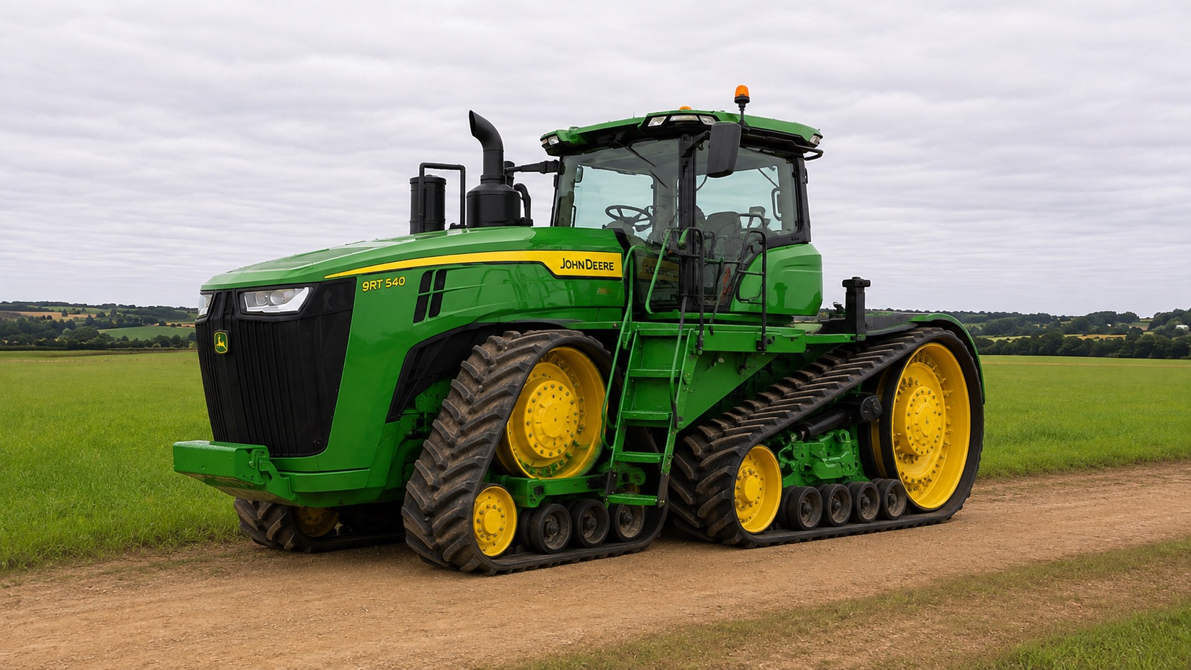 Tracteur John Deere 9RT 540 présenté dans un environnement agricole