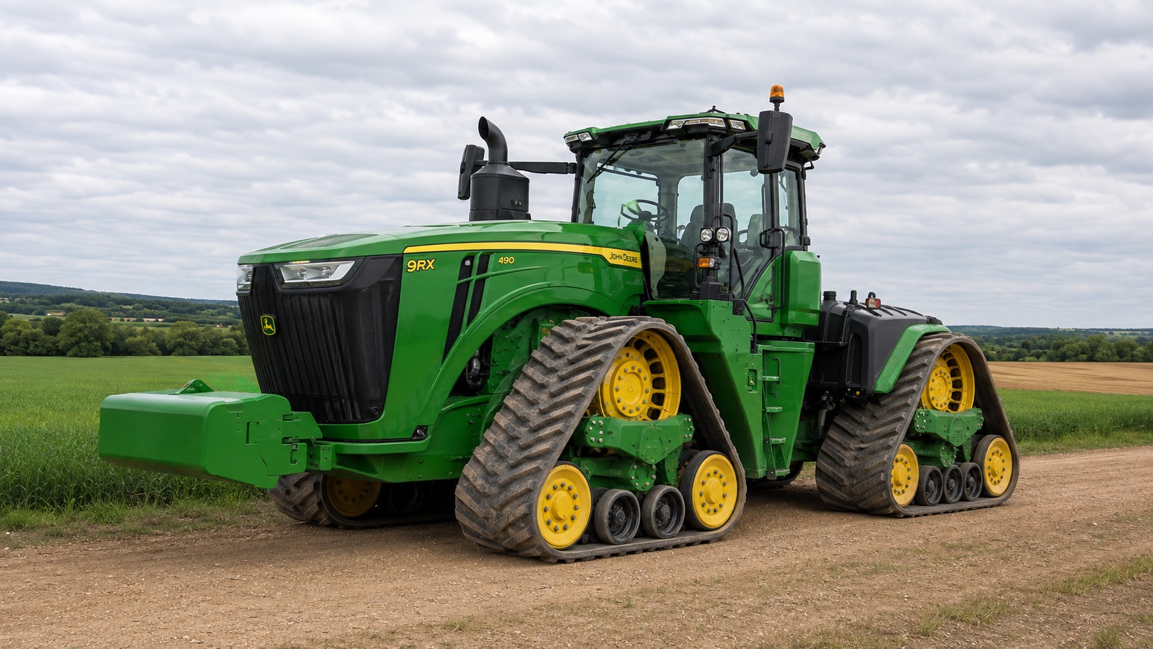 Tracteur John Deere 9RX 490 présenté dans un environnement agricole