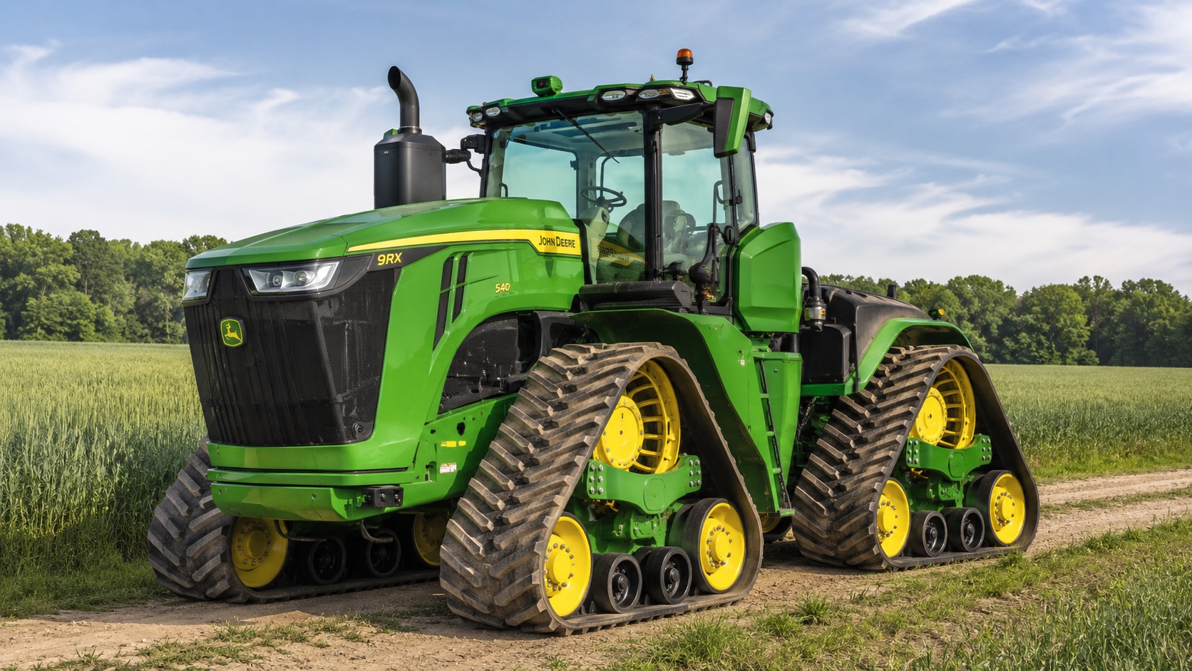 Tracteur John Deere 9RX 540 présenté dans un environnement agricole