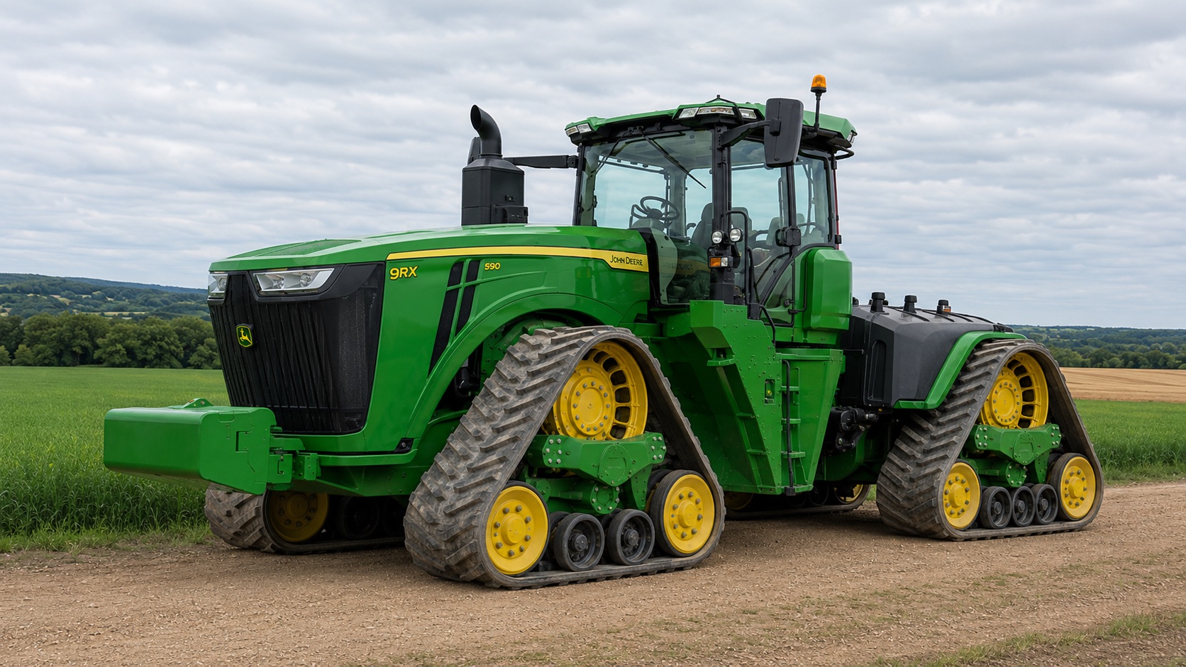 Tracteur John Deere 9RX 590 présenté dans un environnement agricole
