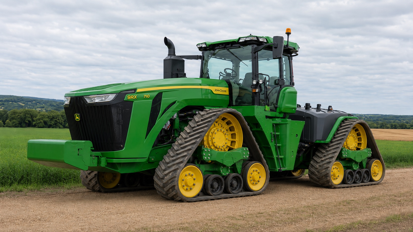 Tracteur John Deere 9RX 710 présenté dans un environnement agricole