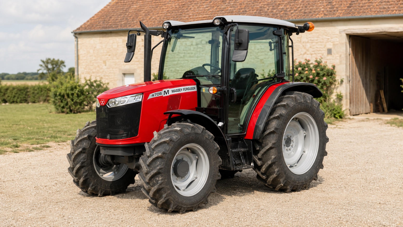 Tracteur Massey Ferguson 4708 M présenté dans un environnement agricole