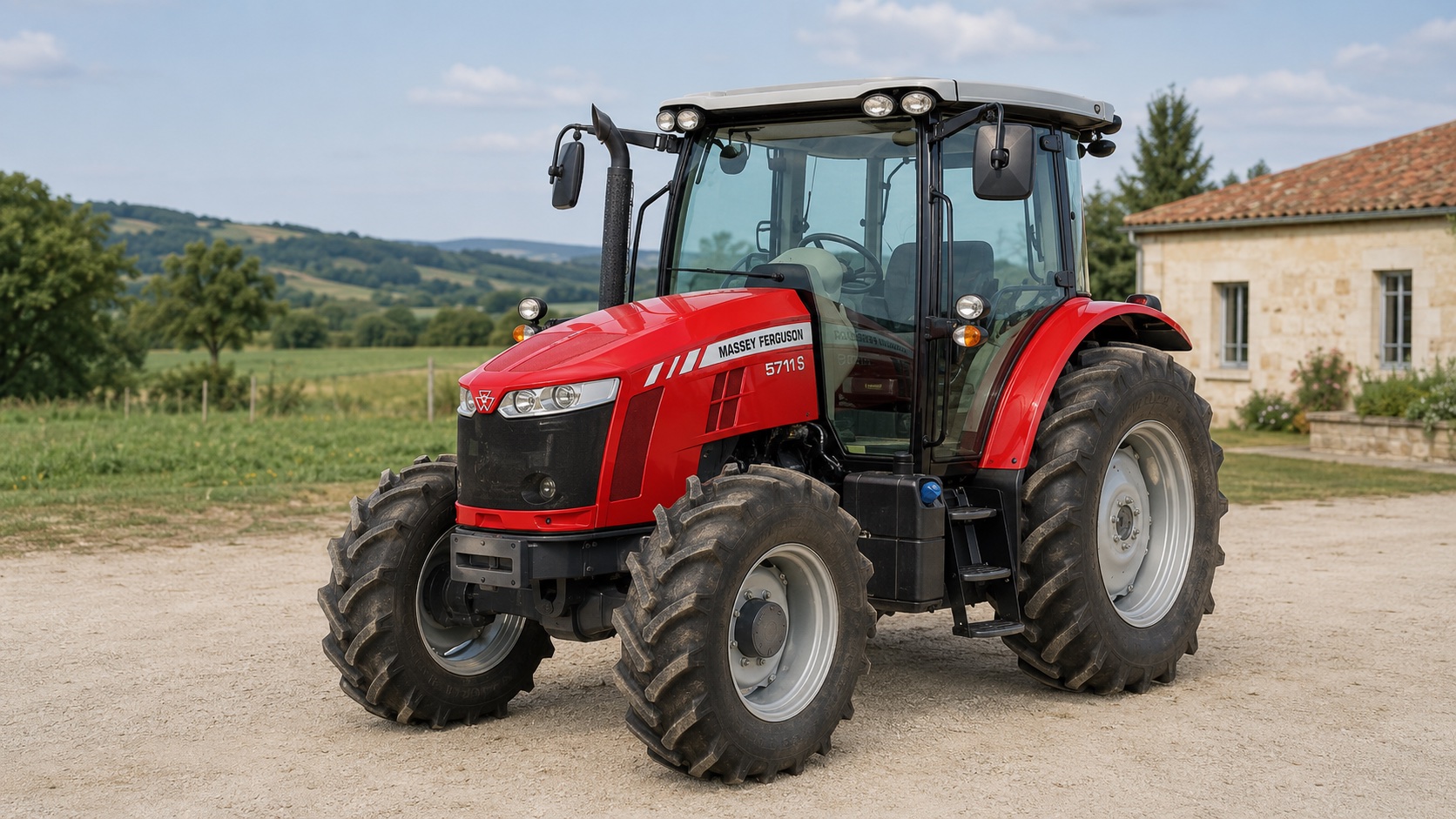 Tracteur Massey Ferguson 5711 S présenté dans un environnement agricole