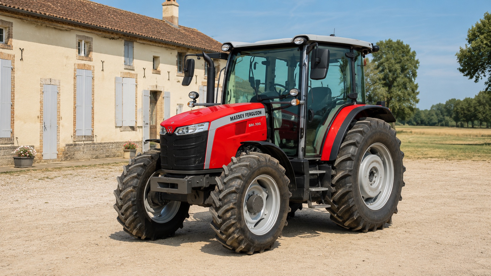 Tracteur Massey Ferguson 5M.105 présenté dans un environnement agricole