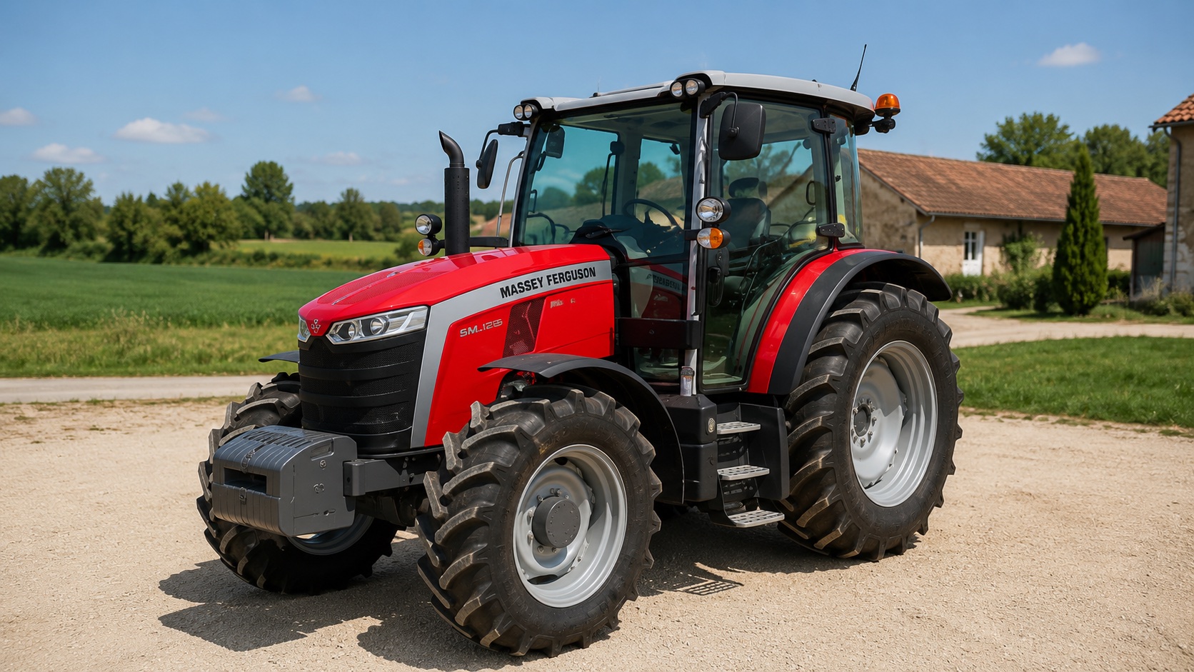 Tracteur Massey Ferguson 5M.125 présenté dans un environnement agricole