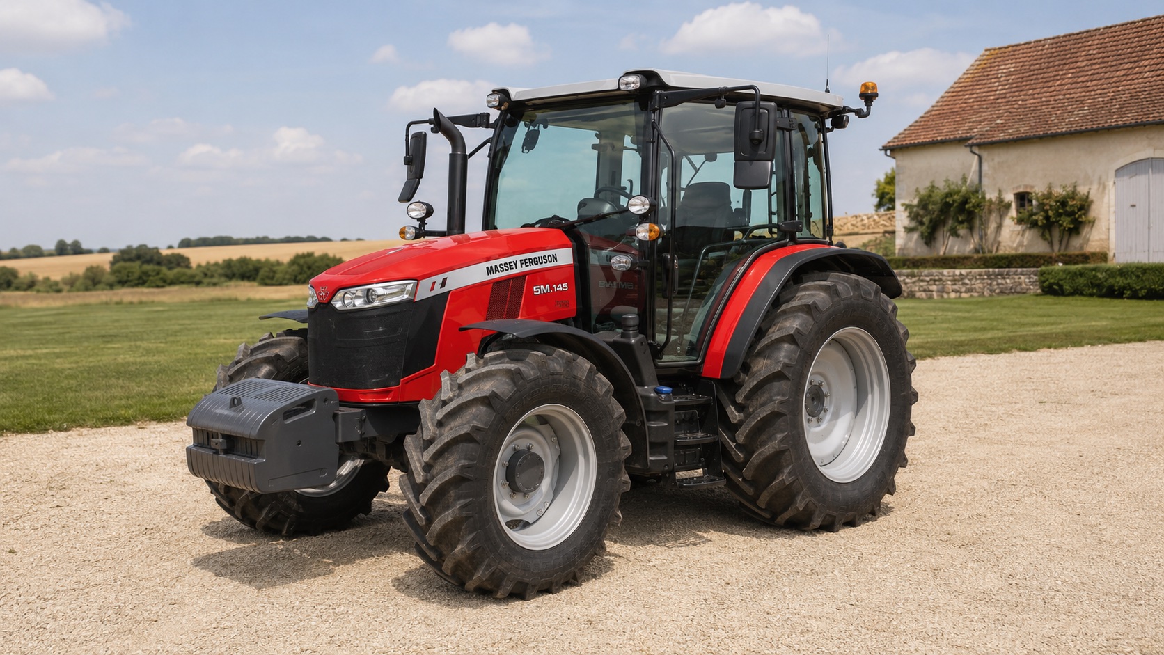 Tracteur Massey Ferguson 5M.145 présenté dans un environnement agricole