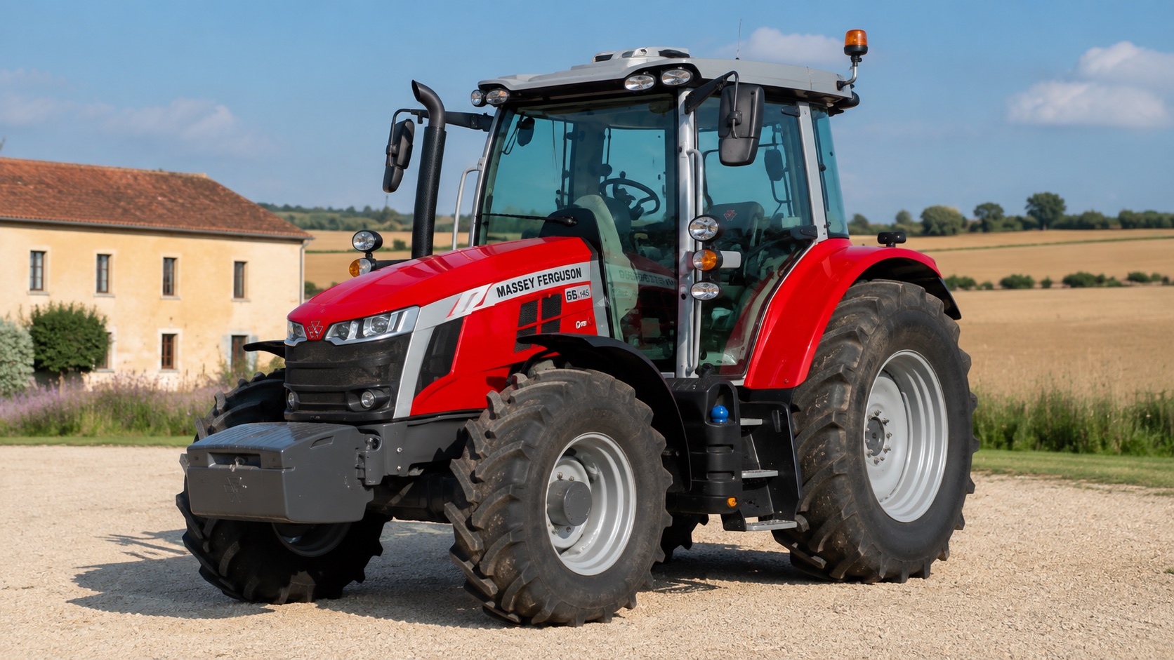Tracteur Massey Ferguson 6S.145 présenté dans un environnement agricole