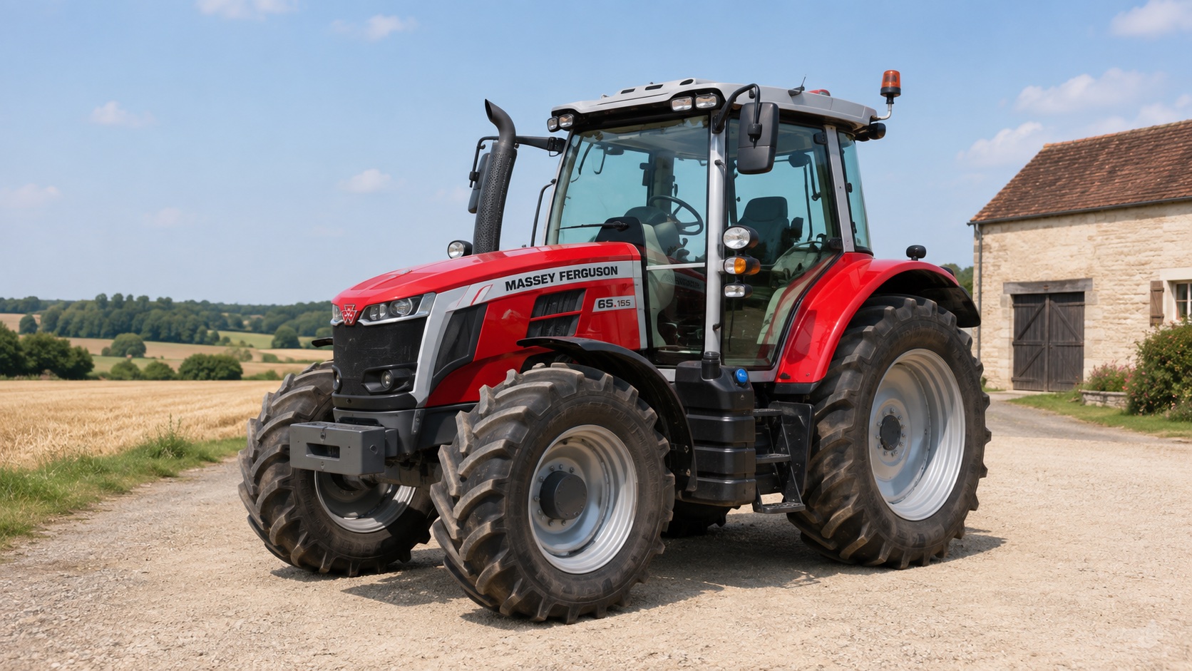 Tracteur Massey Ferguson 6S.155 présenté dans un environnement agricole