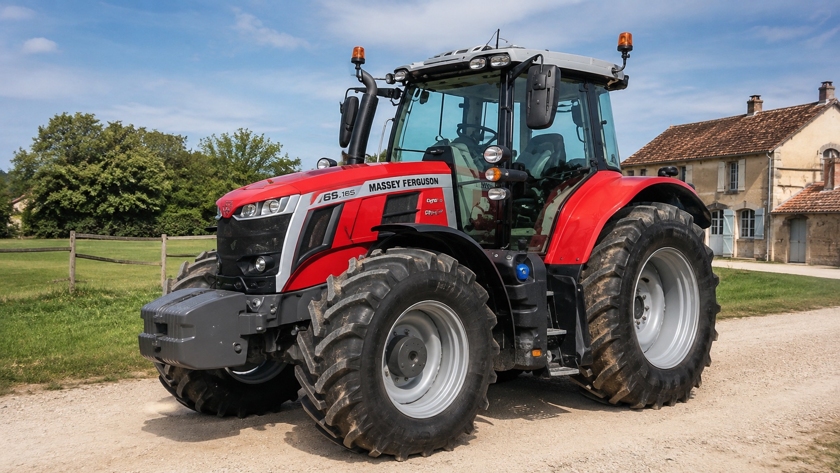 Tracteur Massey Ferguson 6S.165 présenté dans un environnement agricole