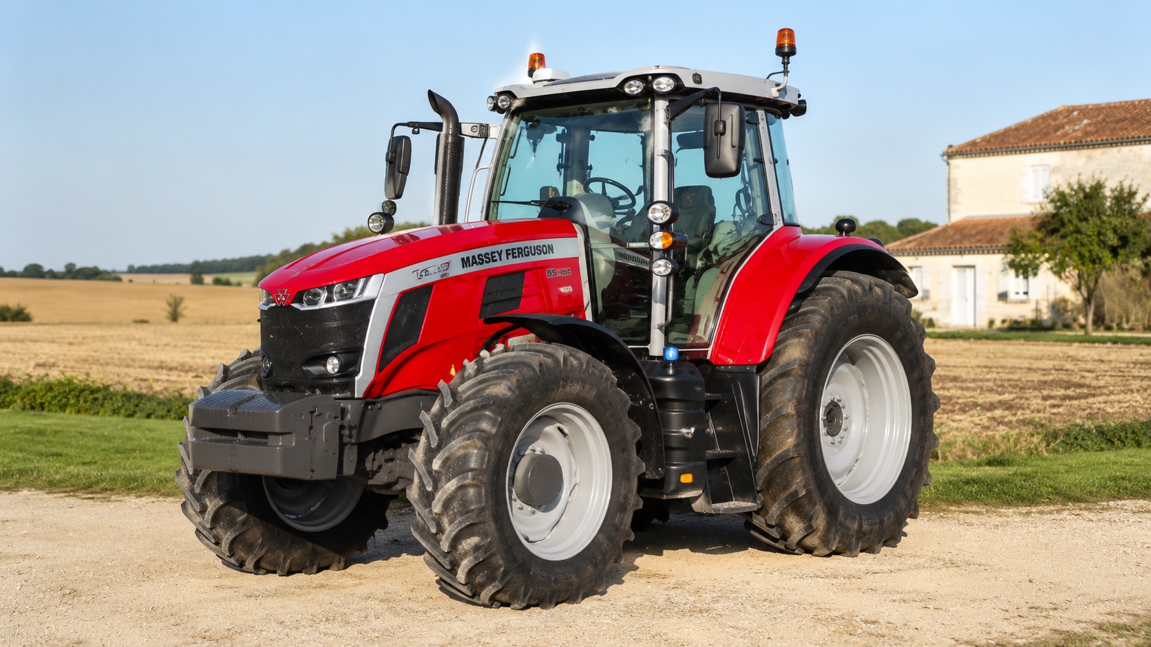 Tracteur Massey Ferguson 6S.180 présenté dans un environnement agricole