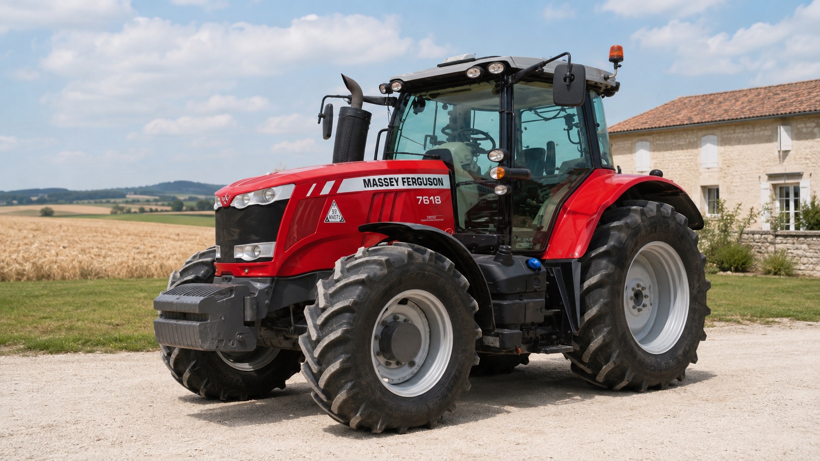 Tracteur Massey Ferguson 7618 présenté dans un environnement agricole