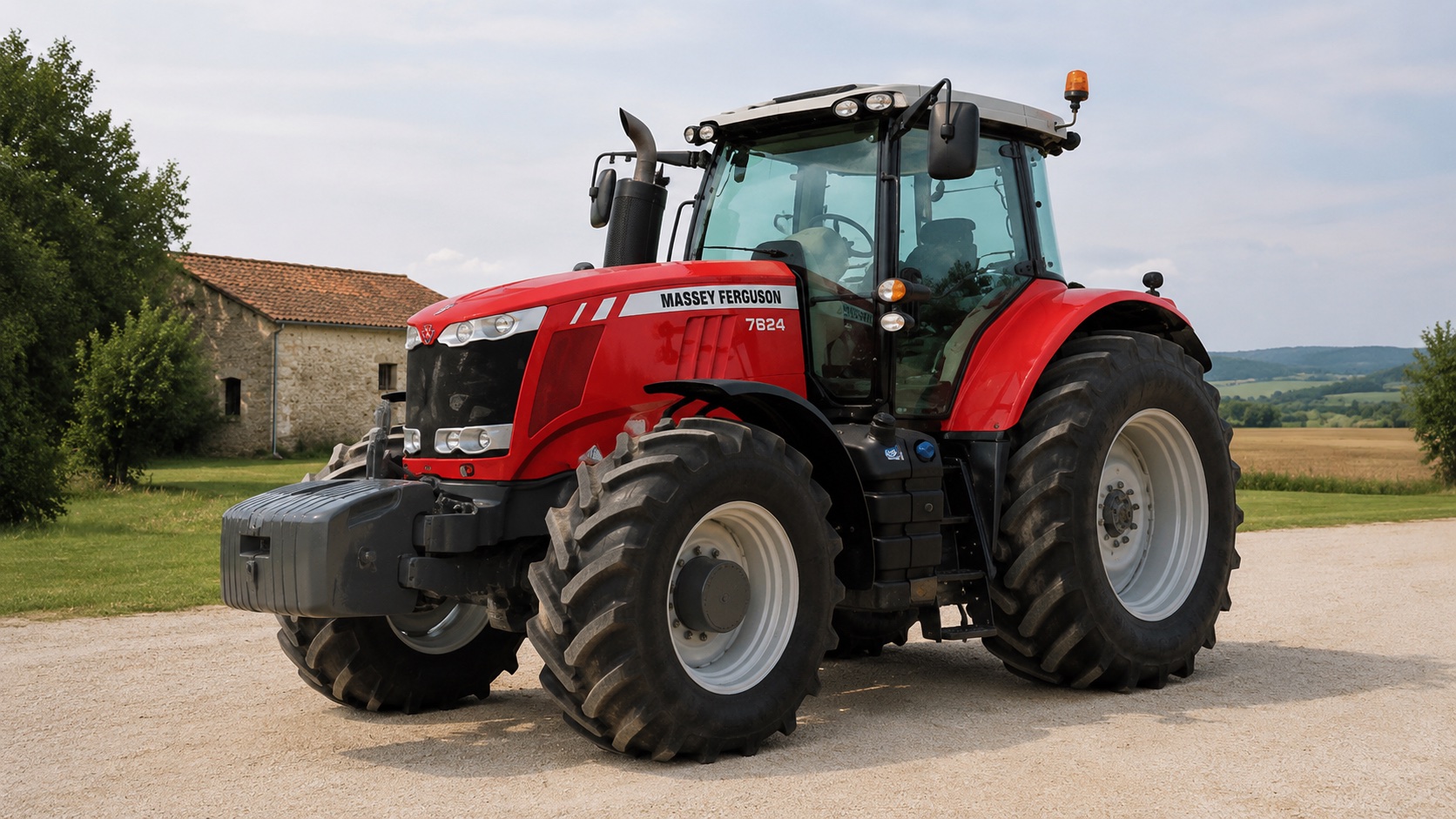 Tracteur Massey Ferguson 7624 présenté dans un environnement agricole