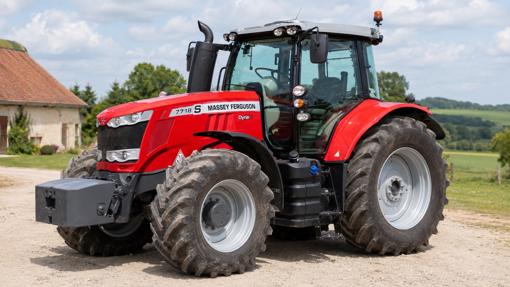 Tracteur Massey Ferguson 7718 S présenté dans un environnement agricole