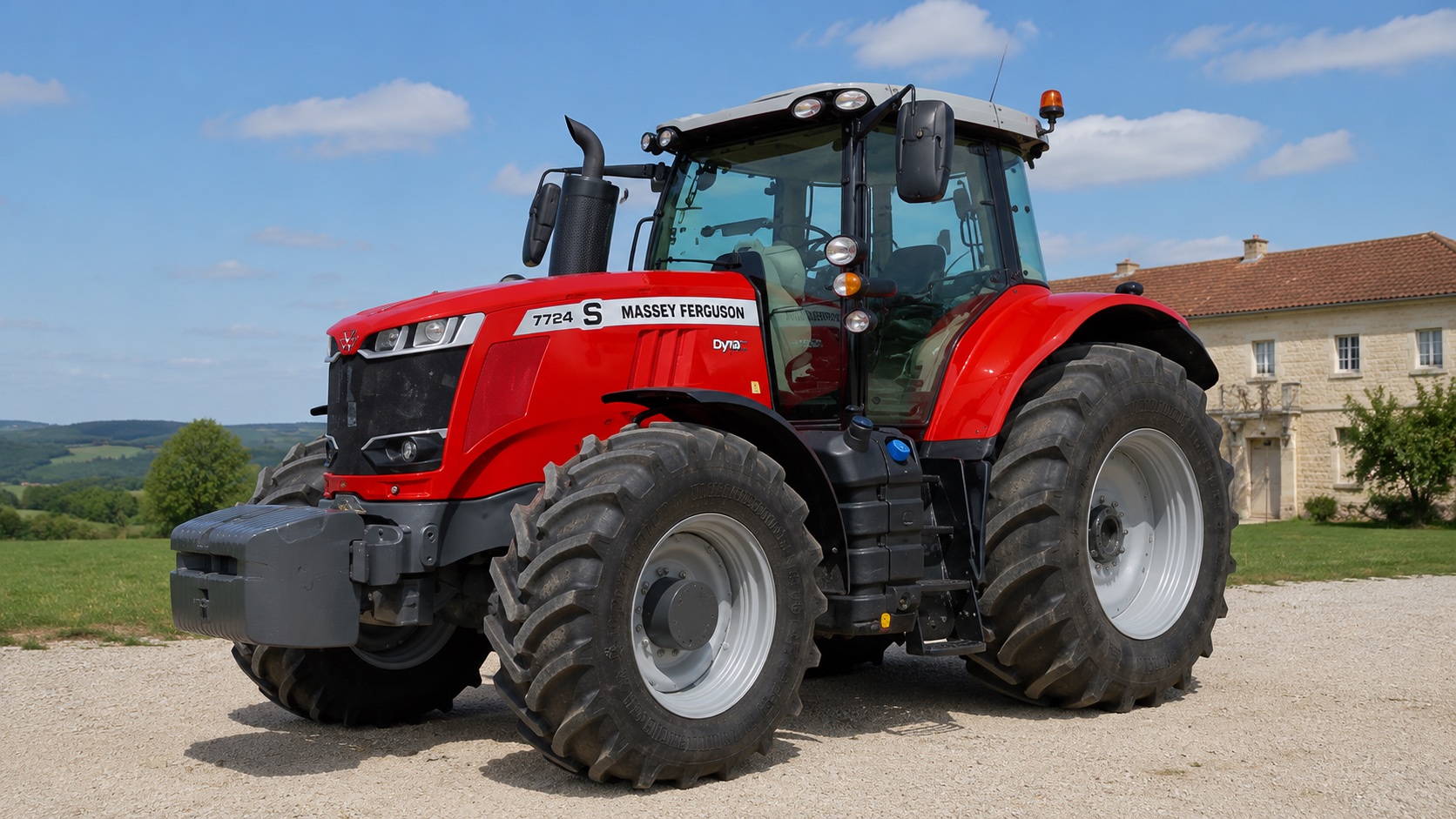 Tracteur Massey Ferguson 7724 S présenté dans un environnement agricole