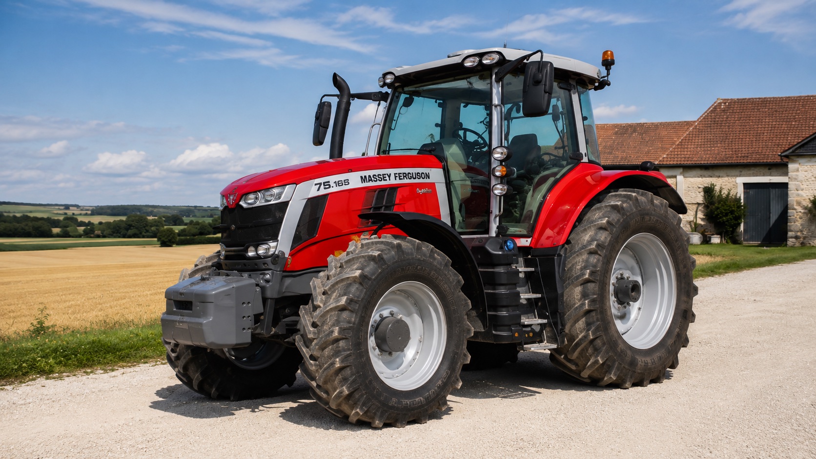 Tracteur Massey Ferguson 7S.165 présenté dans un environnement agricole