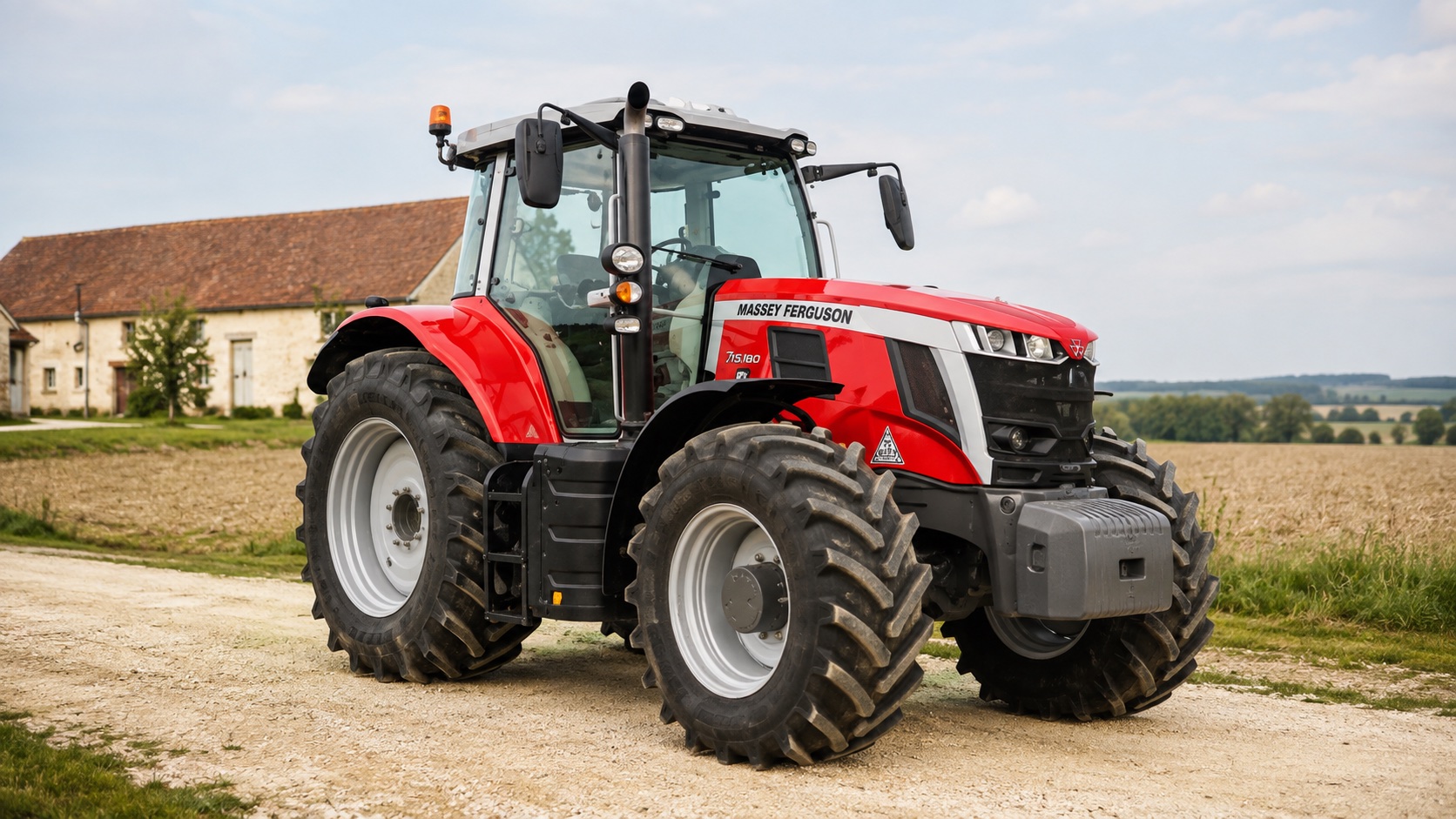 Tracteur Massey Ferguson 7S.180 présenté dans un environnement agricole