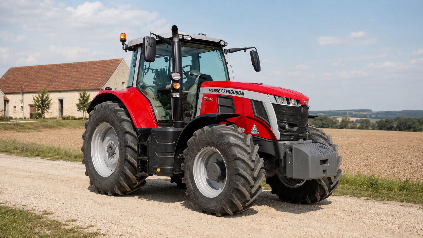 Tracteur Massey Ferguson 7S.190 présenté dans un environnement agricole