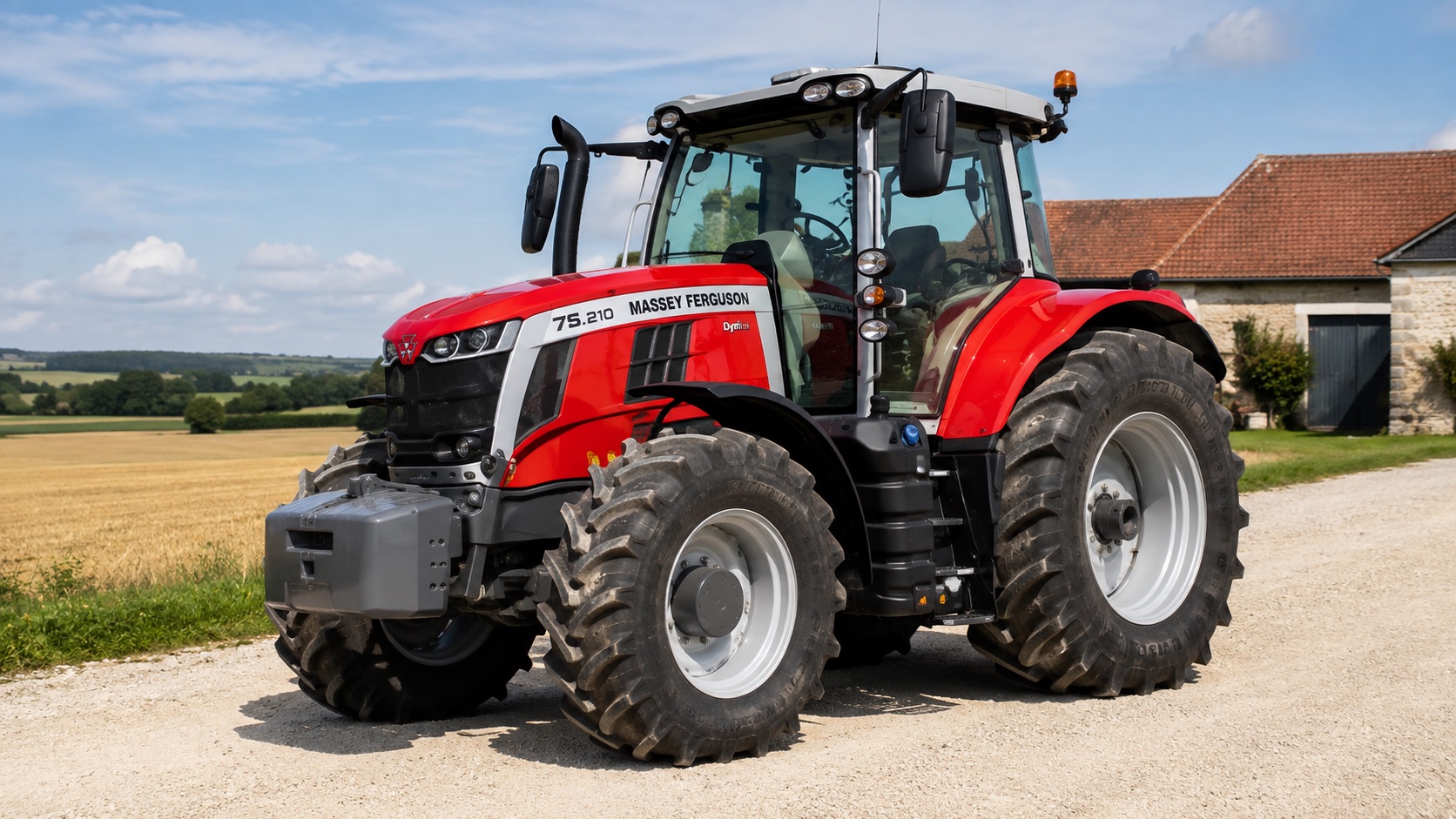 Tracteur Massey Ferguson 7S.210 présenté dans un environnement agricole