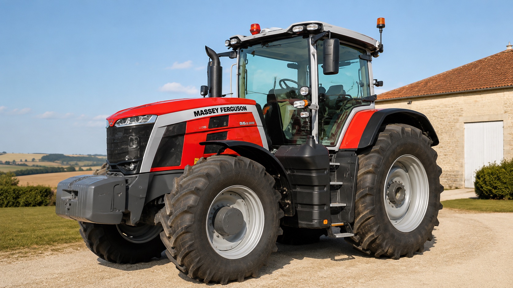 Tracteur Massey Ferguson 8S.265 présenté dans un environnement agricole