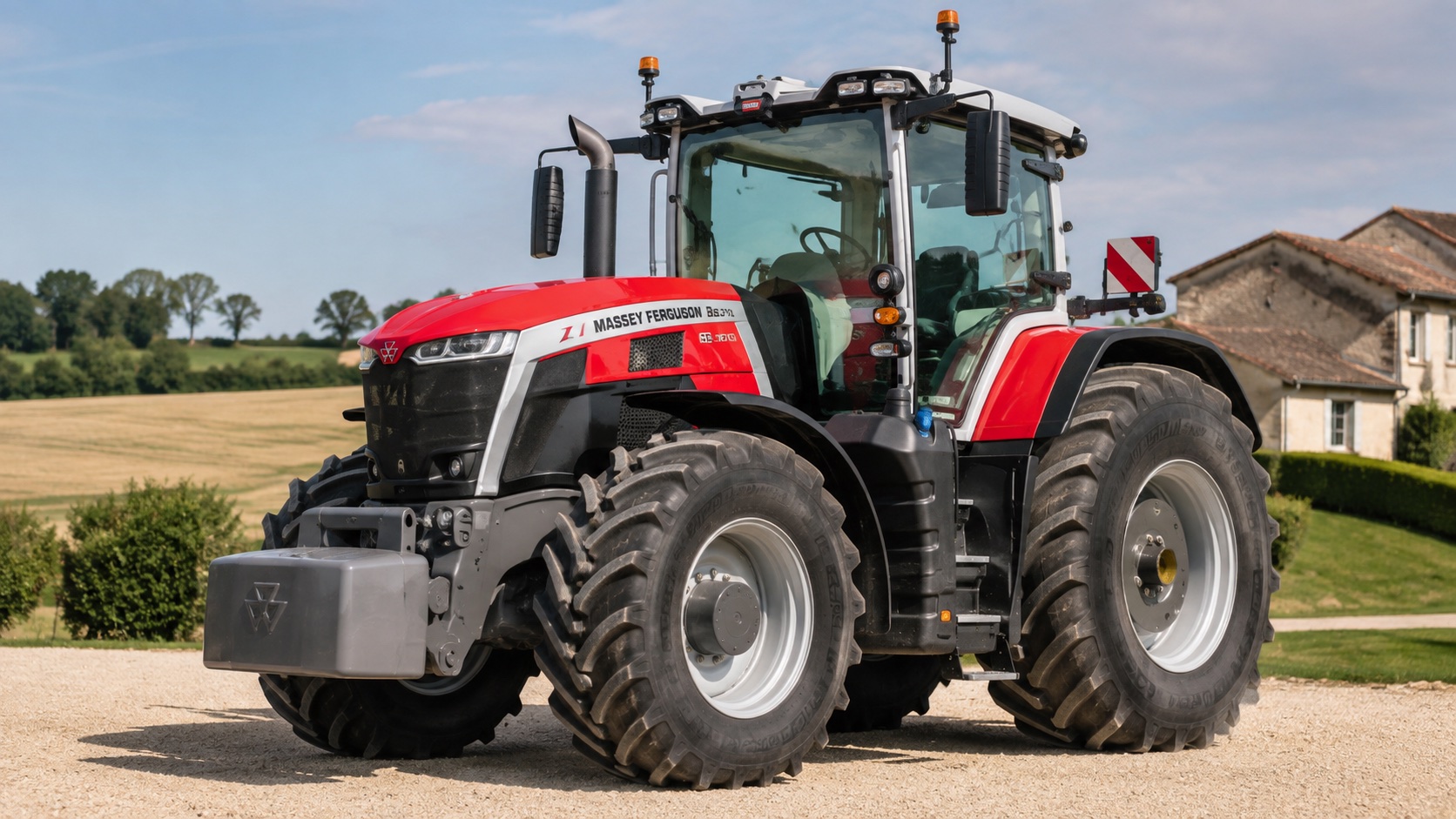 Tracteur Massey Ferguson 9S.310 présenté dans un environnement agricole