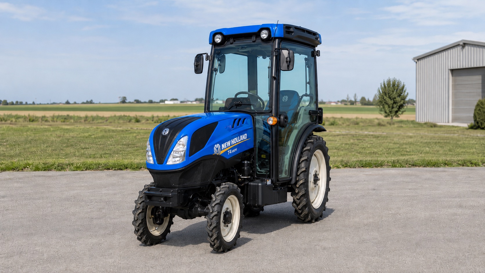 Tracteur New Holland T4.100V présenté dans un environnement agricole
