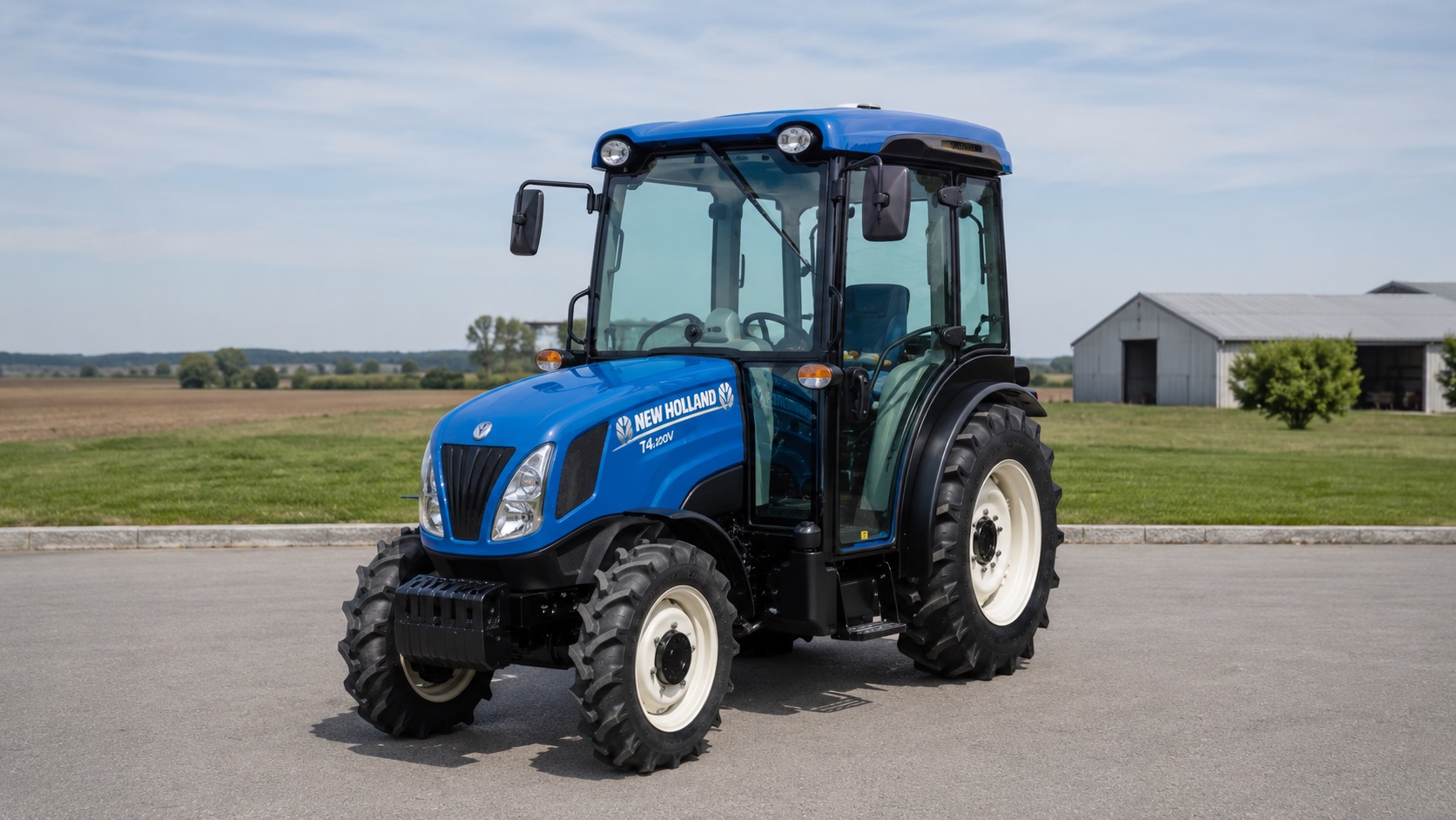 Tracteur New Holland T4.120V présenté dans un environnement agricole