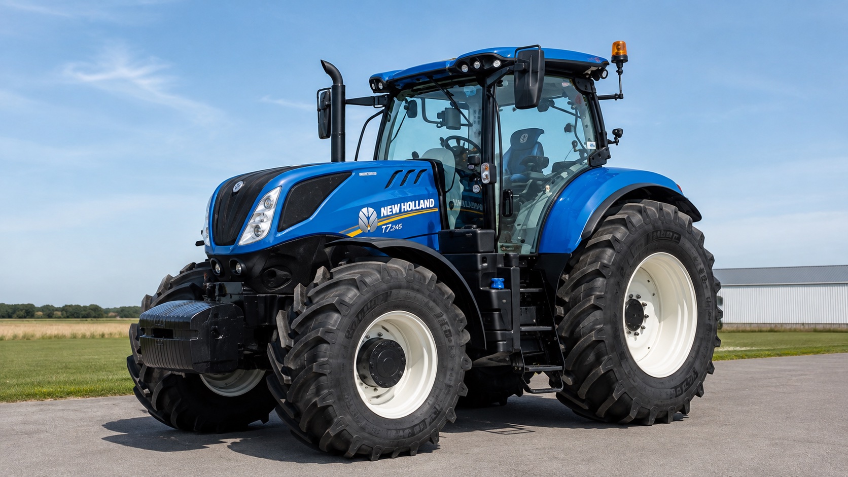Tracteur New Holland T7.245 présenté dans un environnement agricole