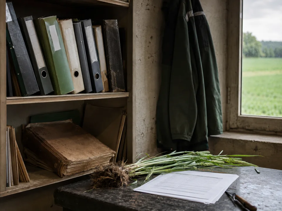 Documents de l’exploitation rangés dans un espace de travail proche du terrain.