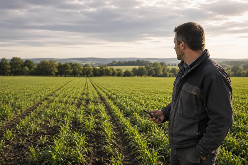 Agriculteur observant sa parcelle avant de poser une question à SILLOVA.