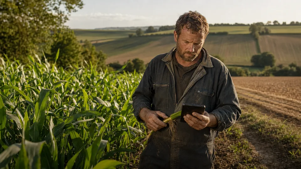 Agriculteur posant une question depuis une parcelle de maïs.