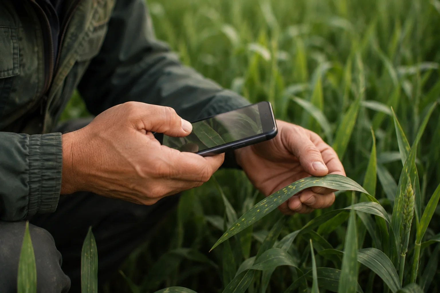 Agriculteur photographiant une observation dans une parcelle
