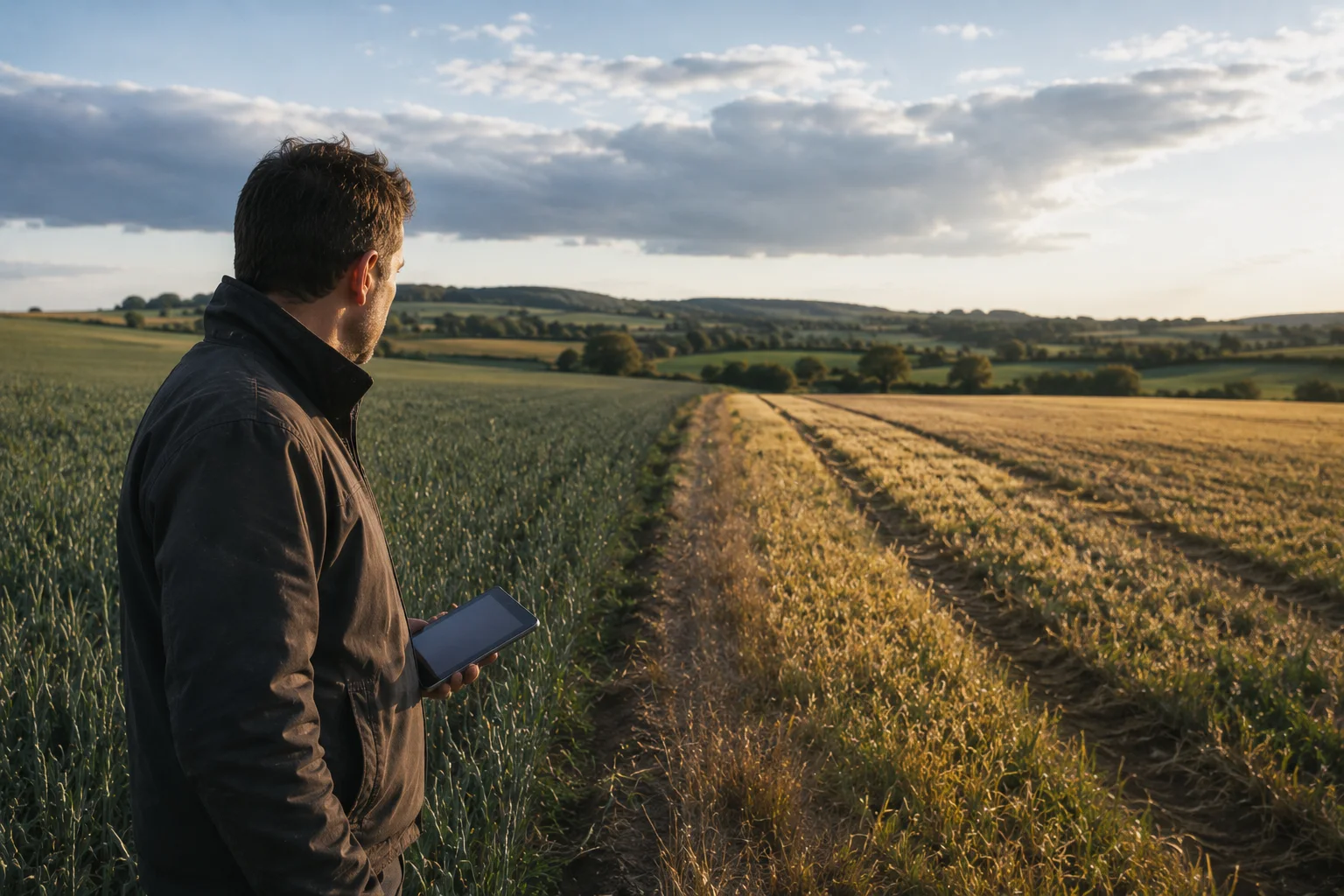 Agriculteur observant son exploitation en fin de journée.