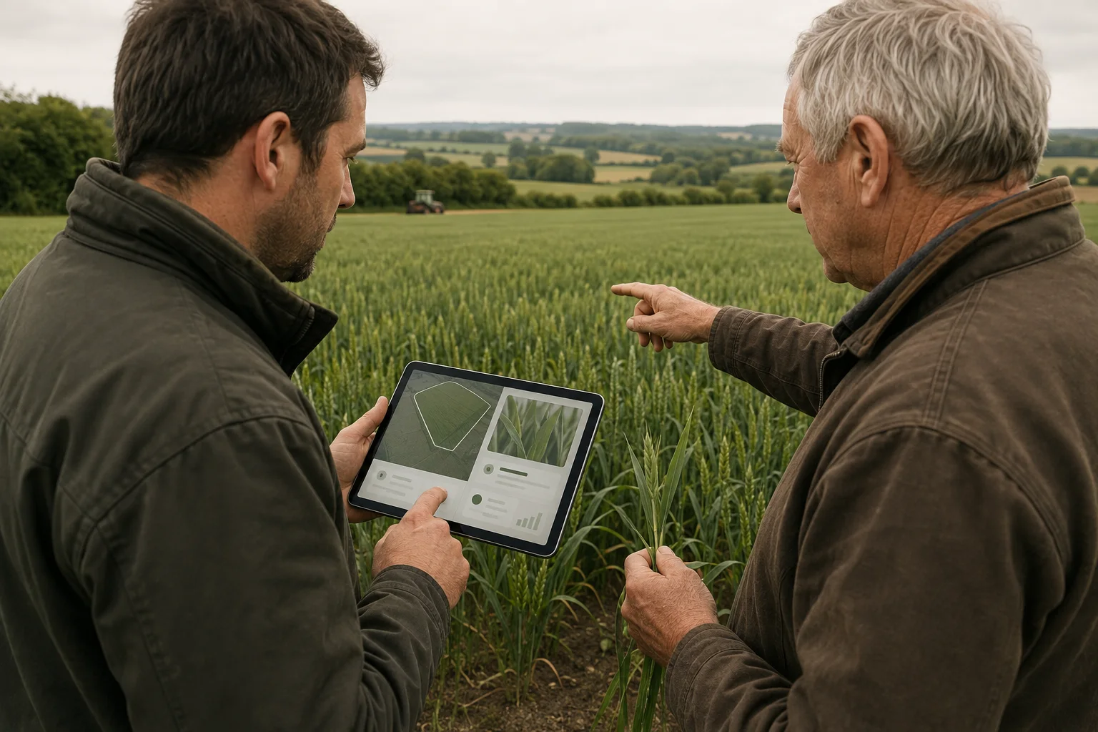 Agriculteur et conseiller observant ensemble une parcelle