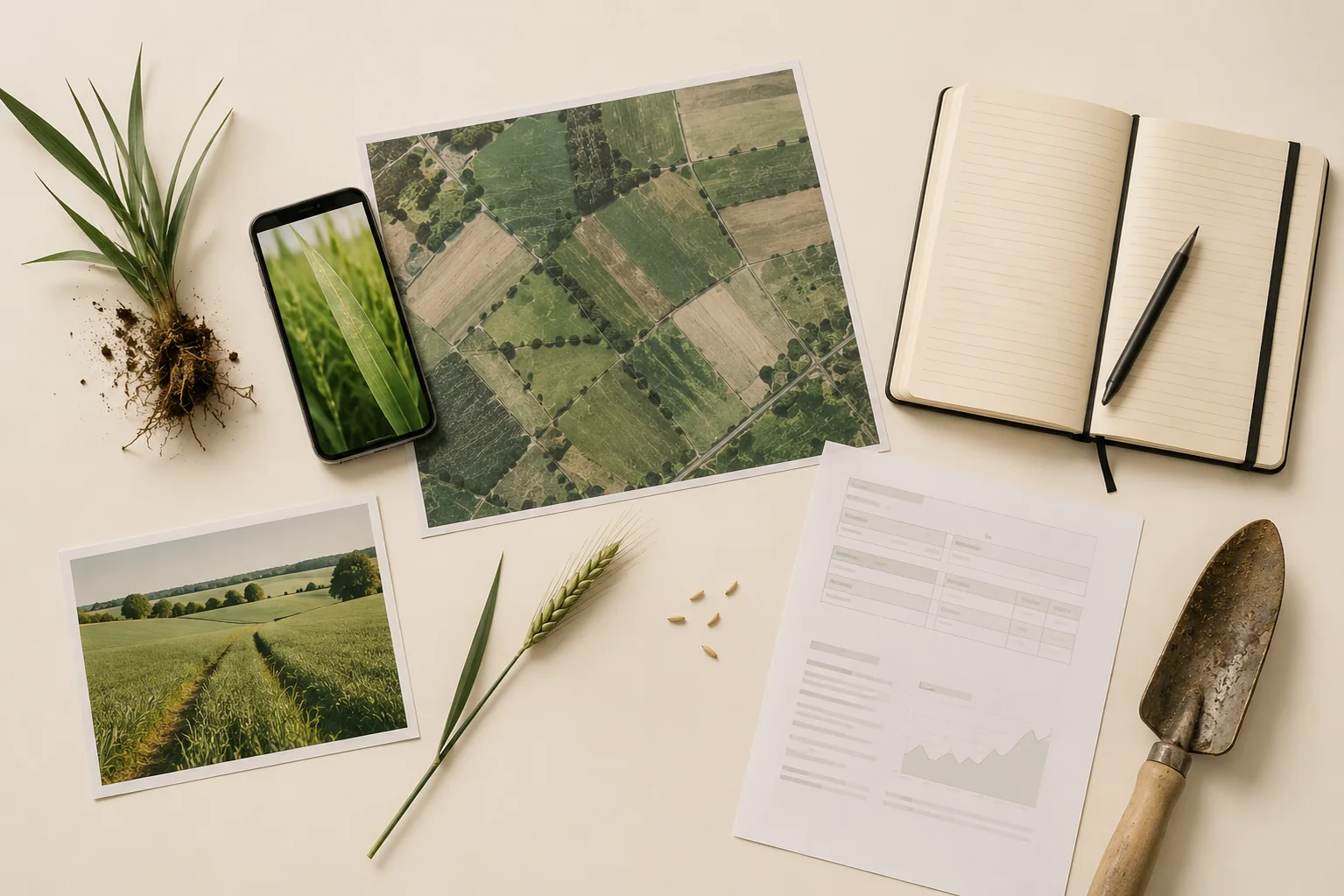 Informations agricoles dispersées entre téléphone, carte, dossier et carnet