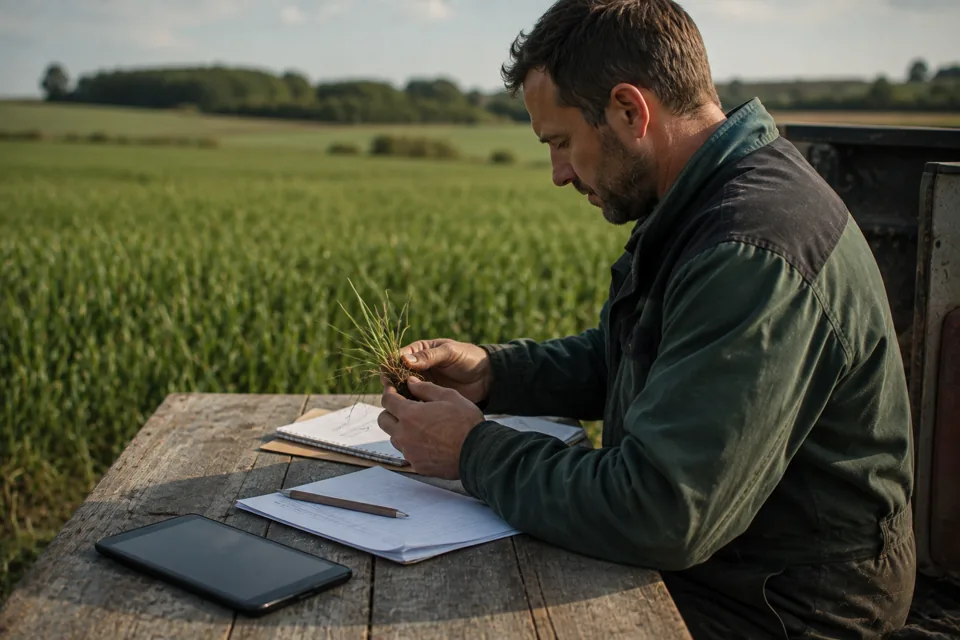 Agriculteur consultant seulement quelques notes utiles au bord de sa parcelle.