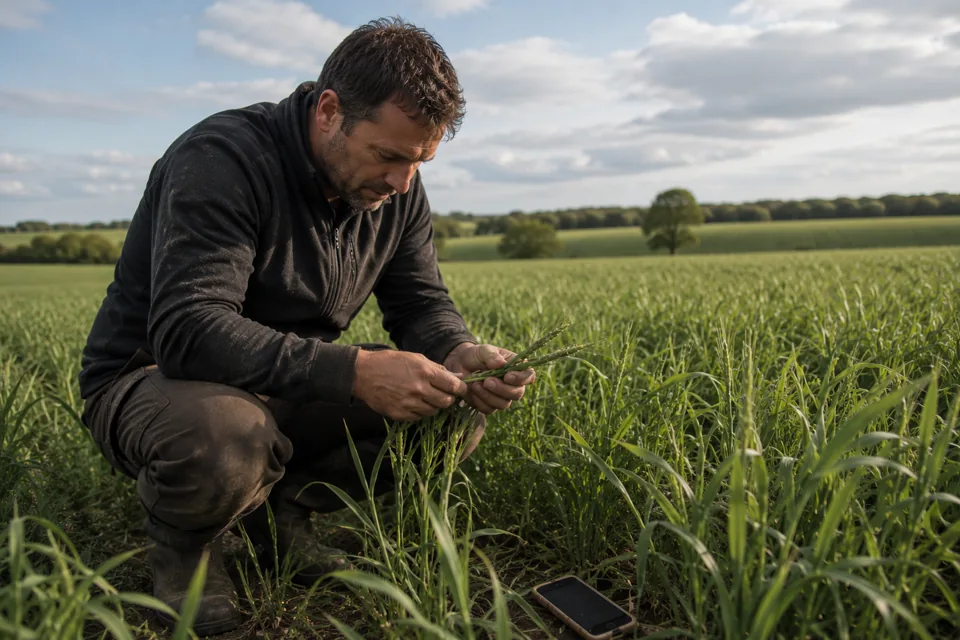 Agriculteur examinant une condition observable dans une culture.