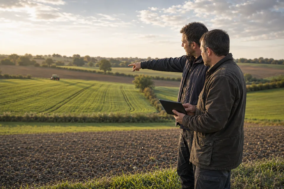 Agriculteur et conseiller vérifiant ensemble une information récente sur le terrain.