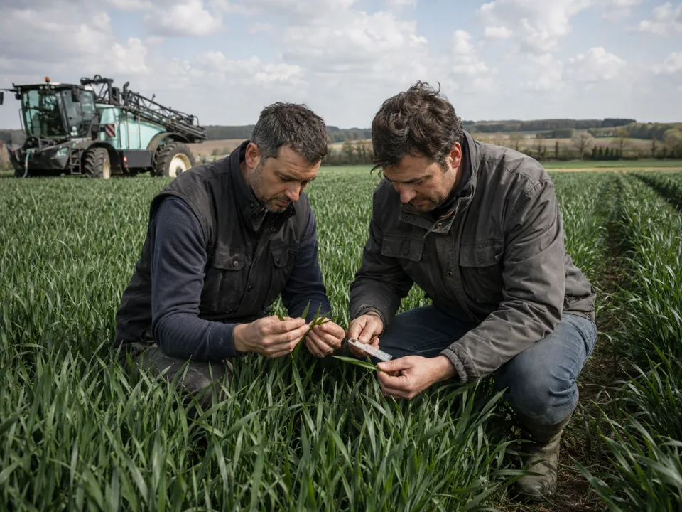 Deux agriculteurs vérifiant ensemble une observation de culture.