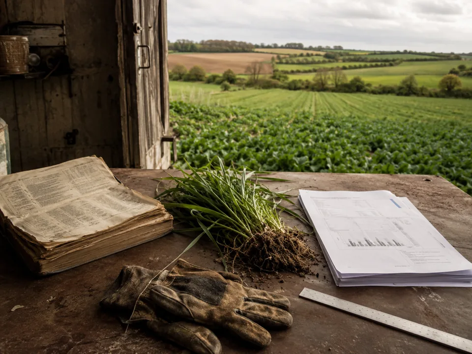 Archives agricoles et documents datés sur une table.