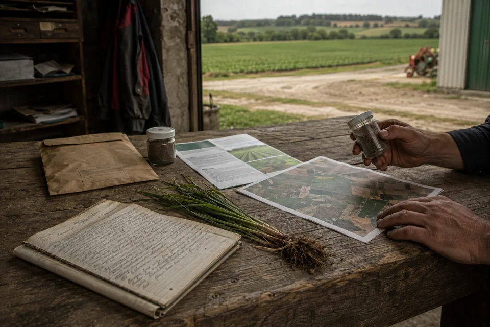 Échantillon, carnet et cartes examinés ensemble sur une table agricole.
