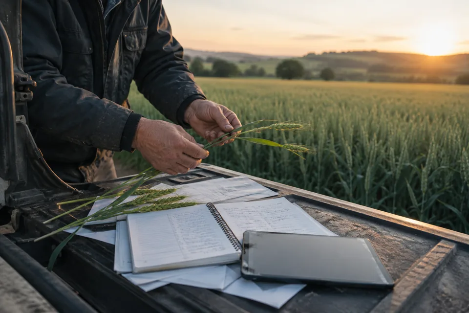 Échantillon, notes et tablette conservés ensemble sur une surface de travail.