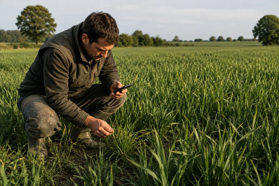 Agriculteur examinant précisément une zone localisée dans la culture.