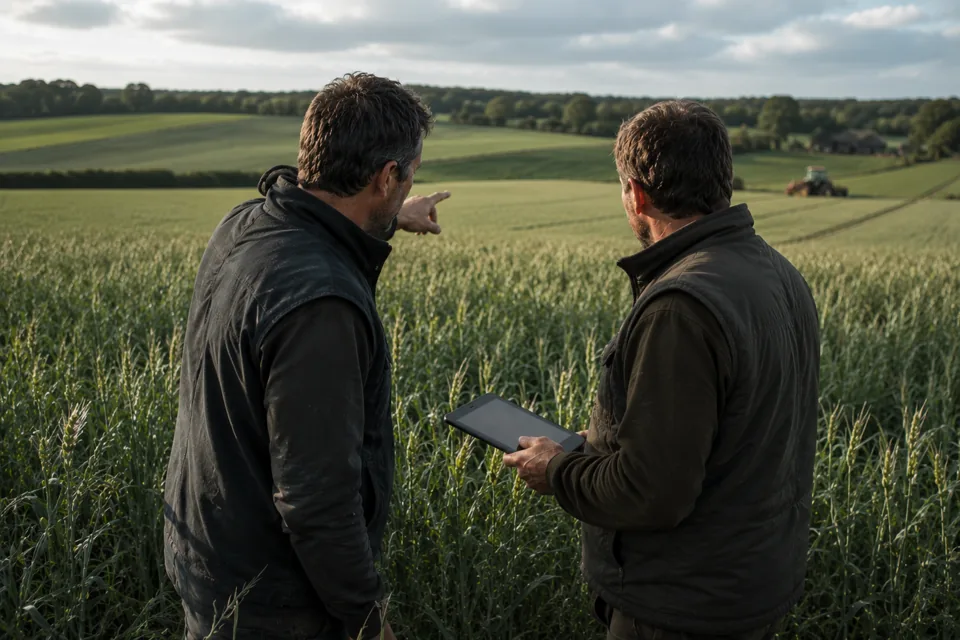 Deux professionnels agricoles vérifiant une observation avant de conclure.