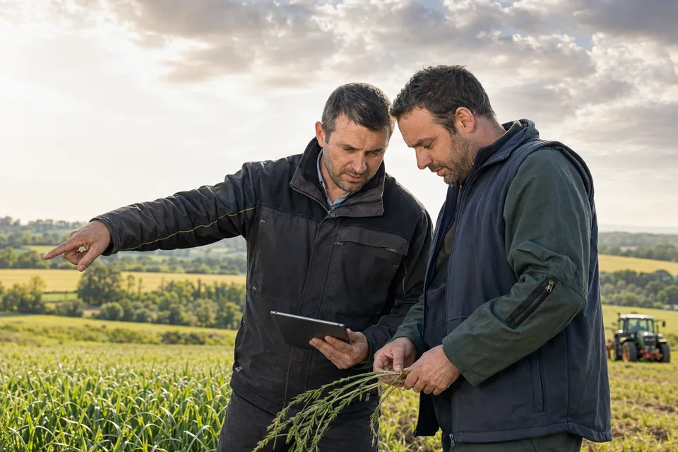 Agriculteur et conseiller vérifiant ensemble une information au bord d’une parcelle céréalière.